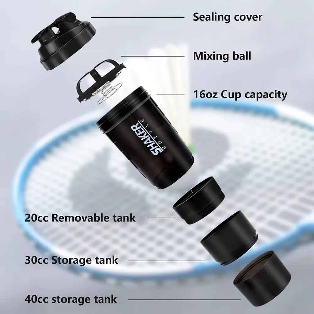 3-Layer Protein Shaker Bottle | 500ml Mixing Cup with Supplement Storage