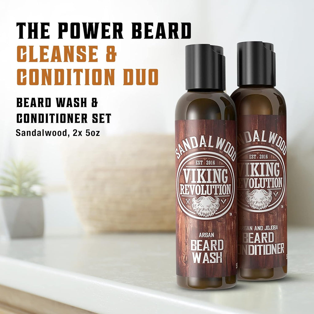Beard Wash & Conditioner Set for Men with Argan & Jojoba Oil – Sandalwood Beard Shampoo and Conditioner, Softens, Strengthens & Moisturizes Dry Beards, 150ml x 2