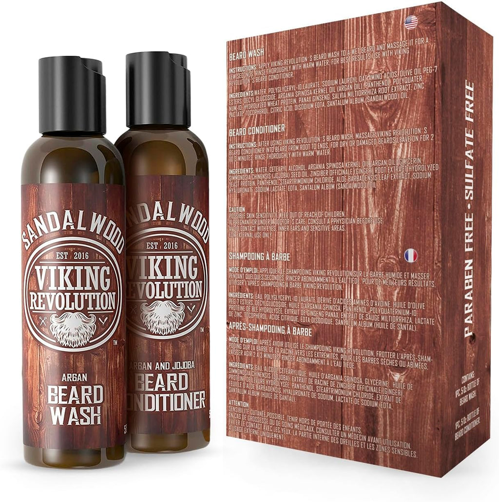 Beard Wash & Conditioner Set for Men with Argan & Jojoba Oil – Sandalwood Beard Shampoo and Conditioner, Softens, Strengthens & Moisturizes Dry Beards, 150ml x 2
