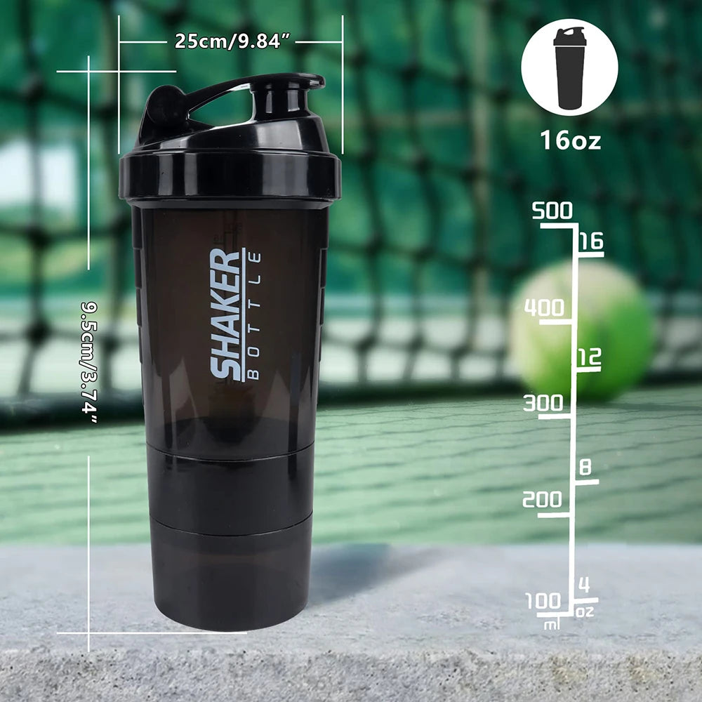 3-Layer Protein Shaker Bottle | 500ml Mixing Cup with Supplement Storage