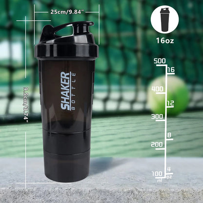 3-Layer Protein Shaker Bottle | 500ml Mixing Cup with Supplement Storage