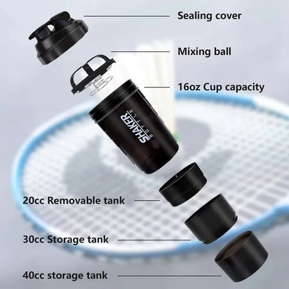 3-Layer Protein Shaker Bottle | 500ml Mixing Cup with Supplement Storage