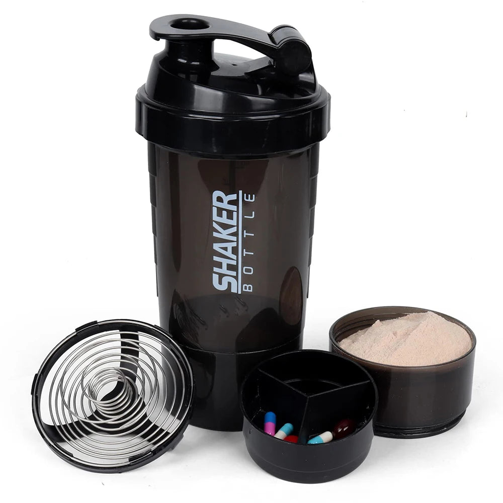 3-Layer Protein Shaker Bottle | 500ml Mixing Cup with Supplement Storage