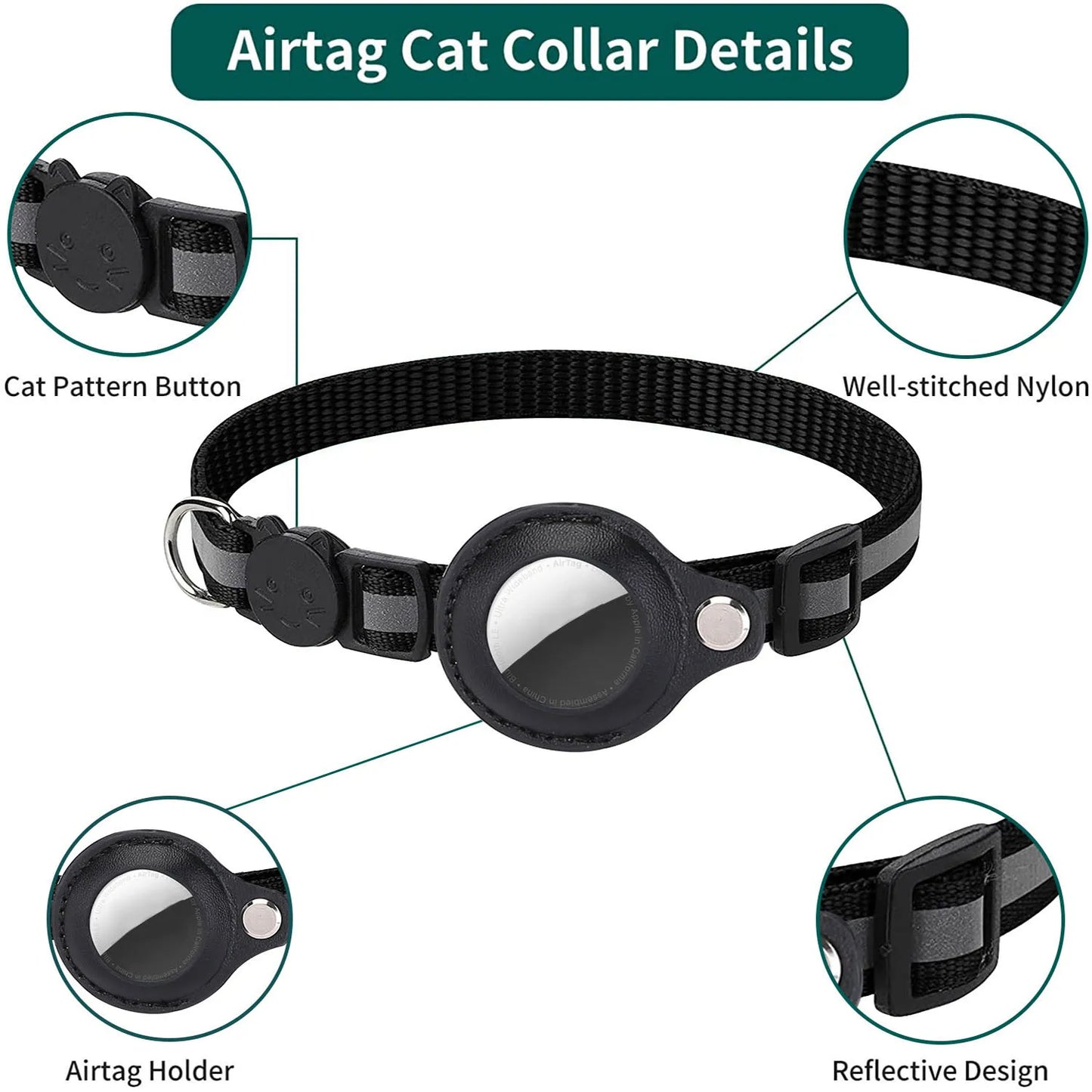 Reflective Cat Collar with AirTag Holder | Adjustable Breakaway GPS Pet Collar