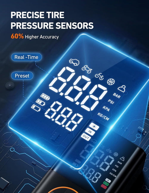 Cordless Tire Inflator Portable Air Compressor – 150 PSI Air Pump with Digital Dual Display, Pressure Gauge & LED Light, Mini Electric Tire Pump for Cars, Motorcycles, Bikes, Balls & More