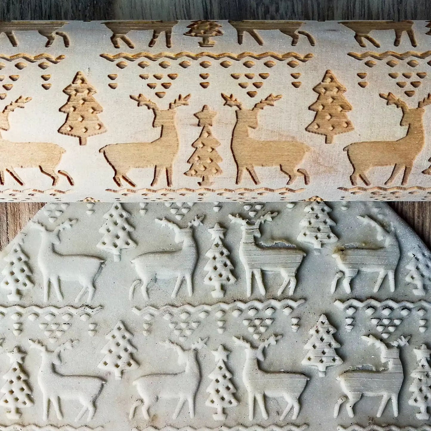 Christmas Wooden Embossed Rolling Pin - Snowflake & Reindeer Design For Festive Cookies, Fondant & Pastriess